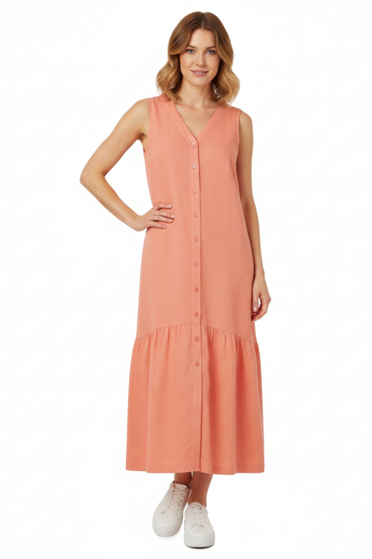 Robe midi sans manches, col en V, coupe évasée A