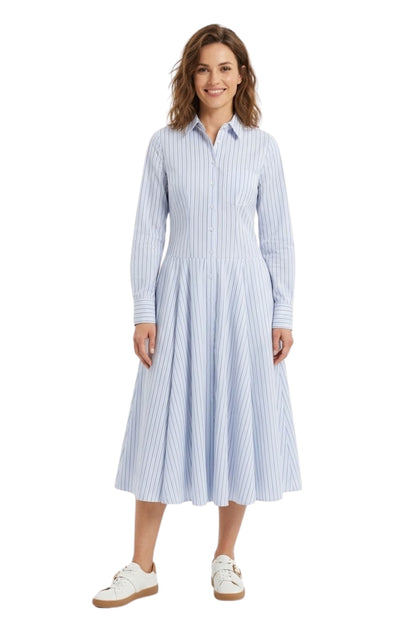 Robe Longue Rayée avec Col à Revers et Manches Longues
