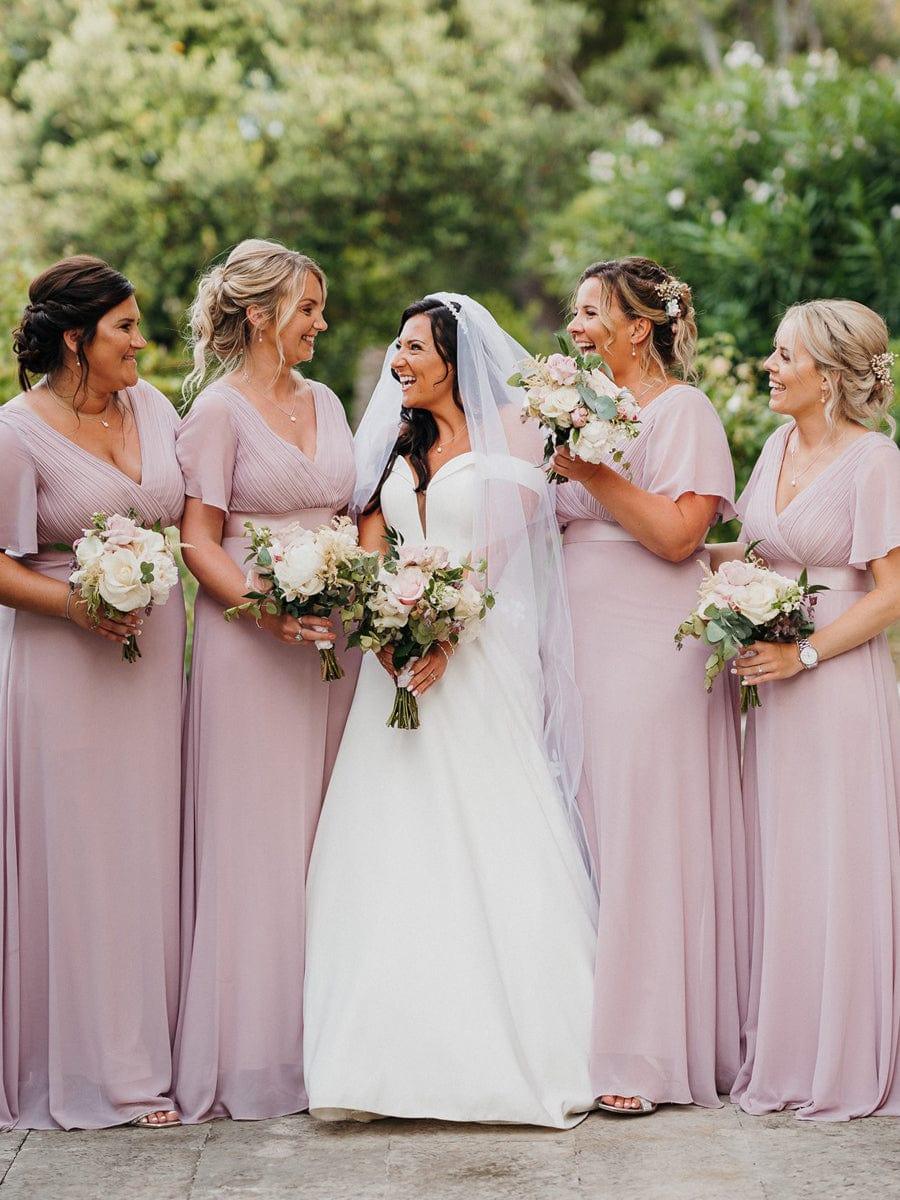 ever MONICA|Long Empire Waist Bridesmaid Dress with Short Flutter Sleeves