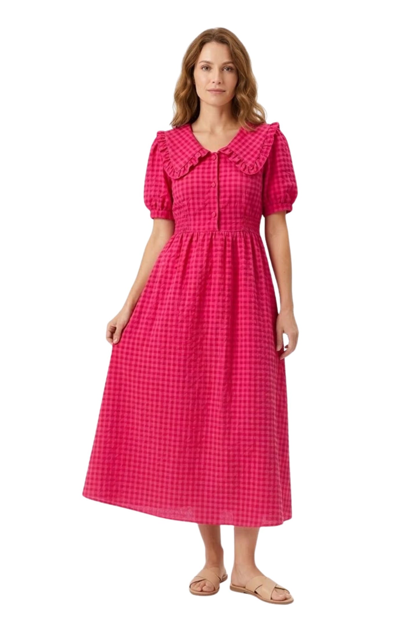Robe Longue à Carreaux avec Col Claudine et Manches Bouffantes