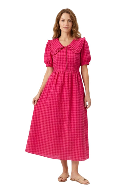 Robe Longue à Carreaux avec Col Claudine et Manches Bouffantes