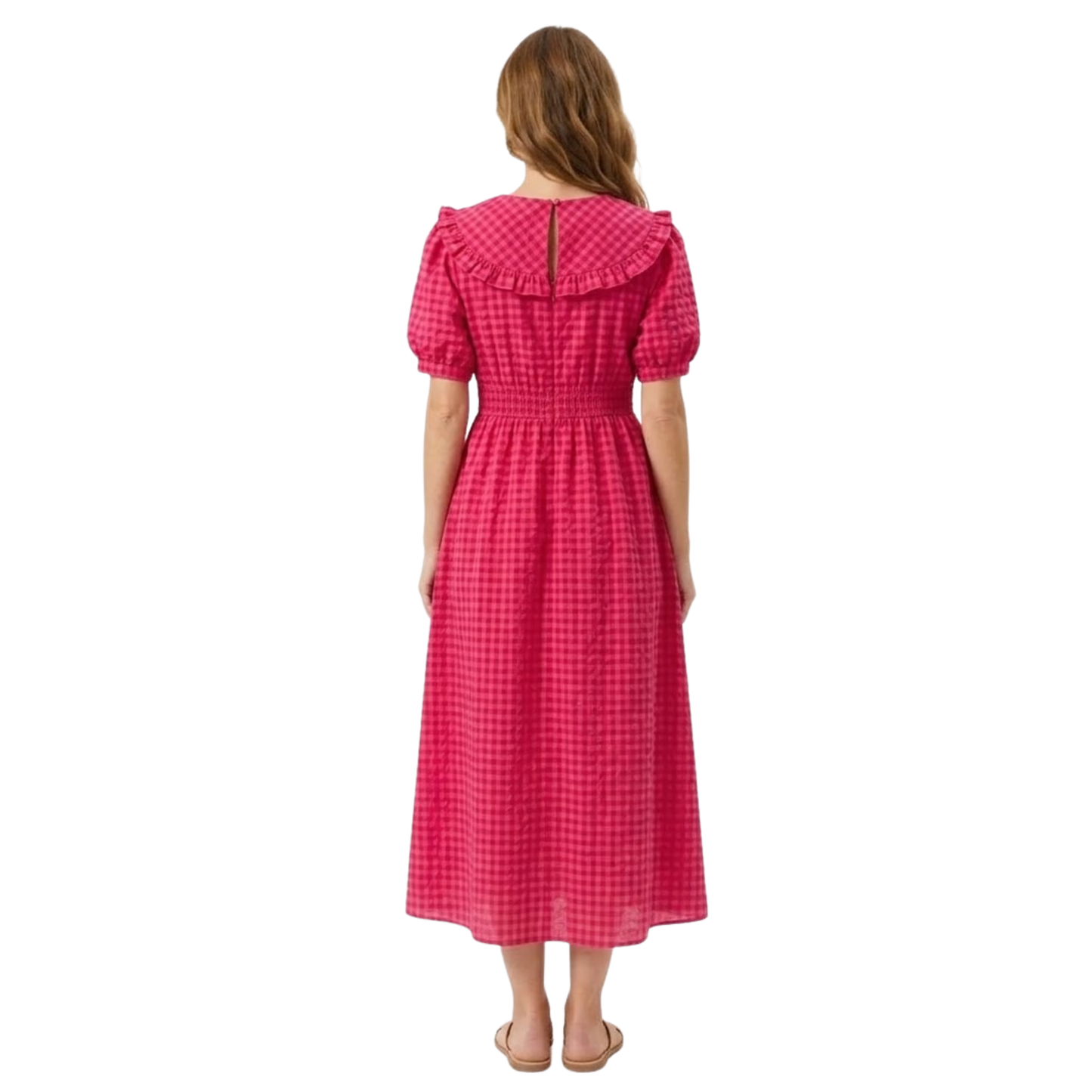 Robe Longue à Carreaux avec Col Claudine et Manches Bouffantes