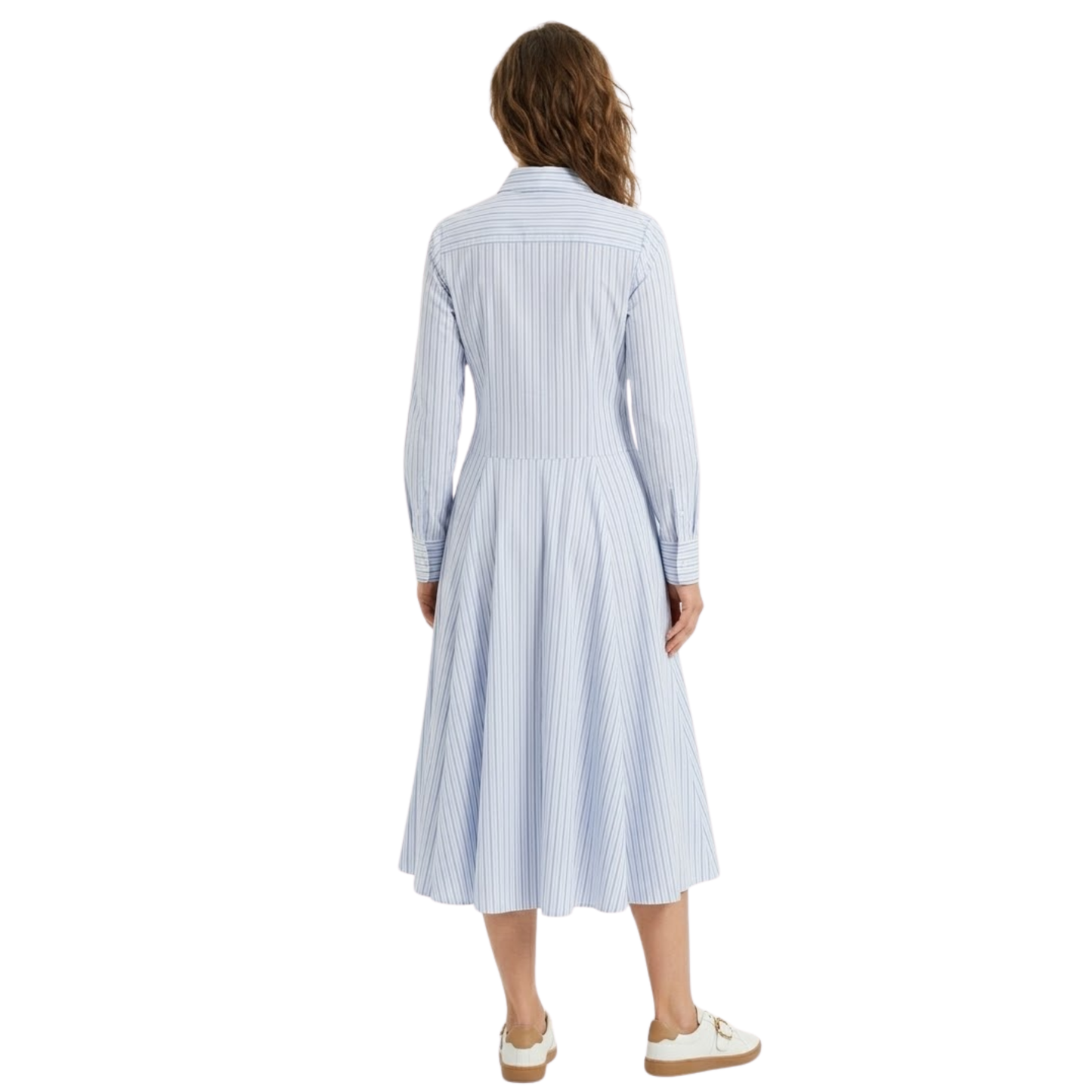 Robe Longue Rayée avec Col à Revers et Manches Longues