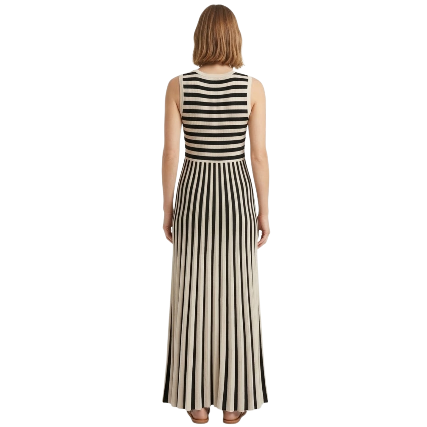 Robe Longue en Maille Sans Manches à Rayures et Col Rond