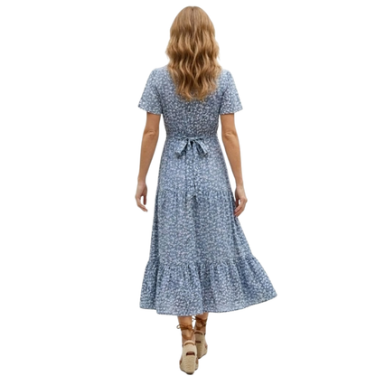 Robe Longue en Coton Fleurie à Col V avec Boutons Frontaux