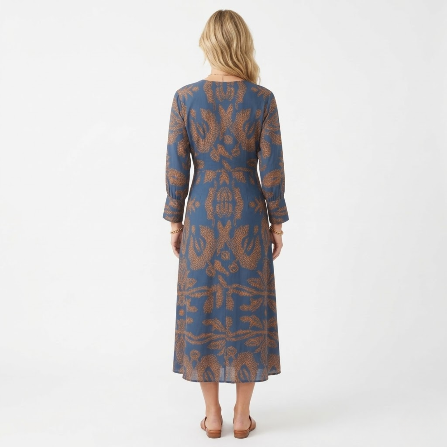 Robe Midi à Manches Longues avec Noeud Frontal et Imprimé