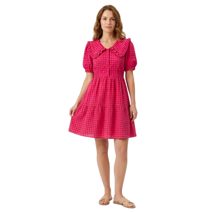 Robe Longue à Carreaux avec Col Claudine et Manches Bouffantes