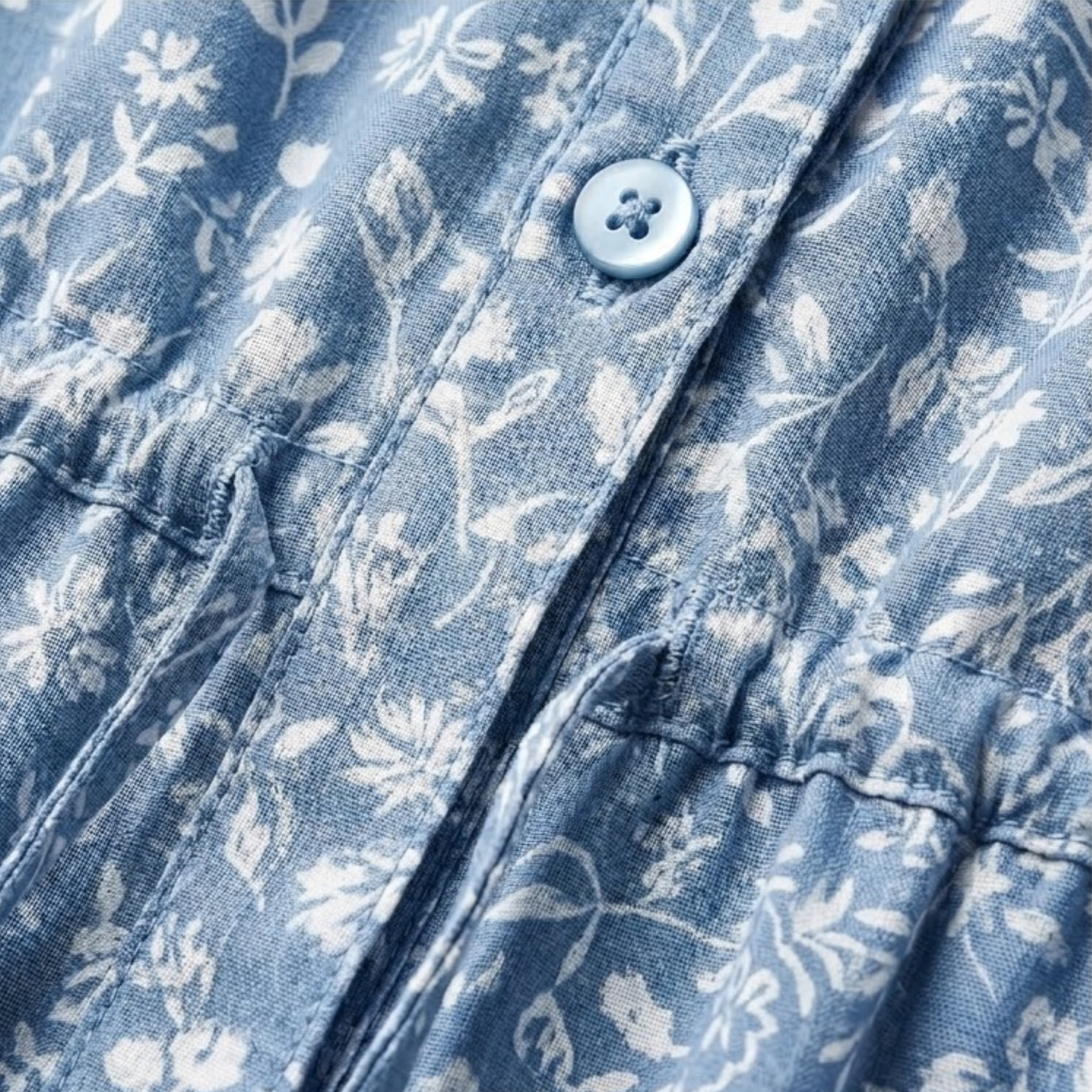 Robe Longue en Coton Fleurie à Col V avec Boutons Frontaux