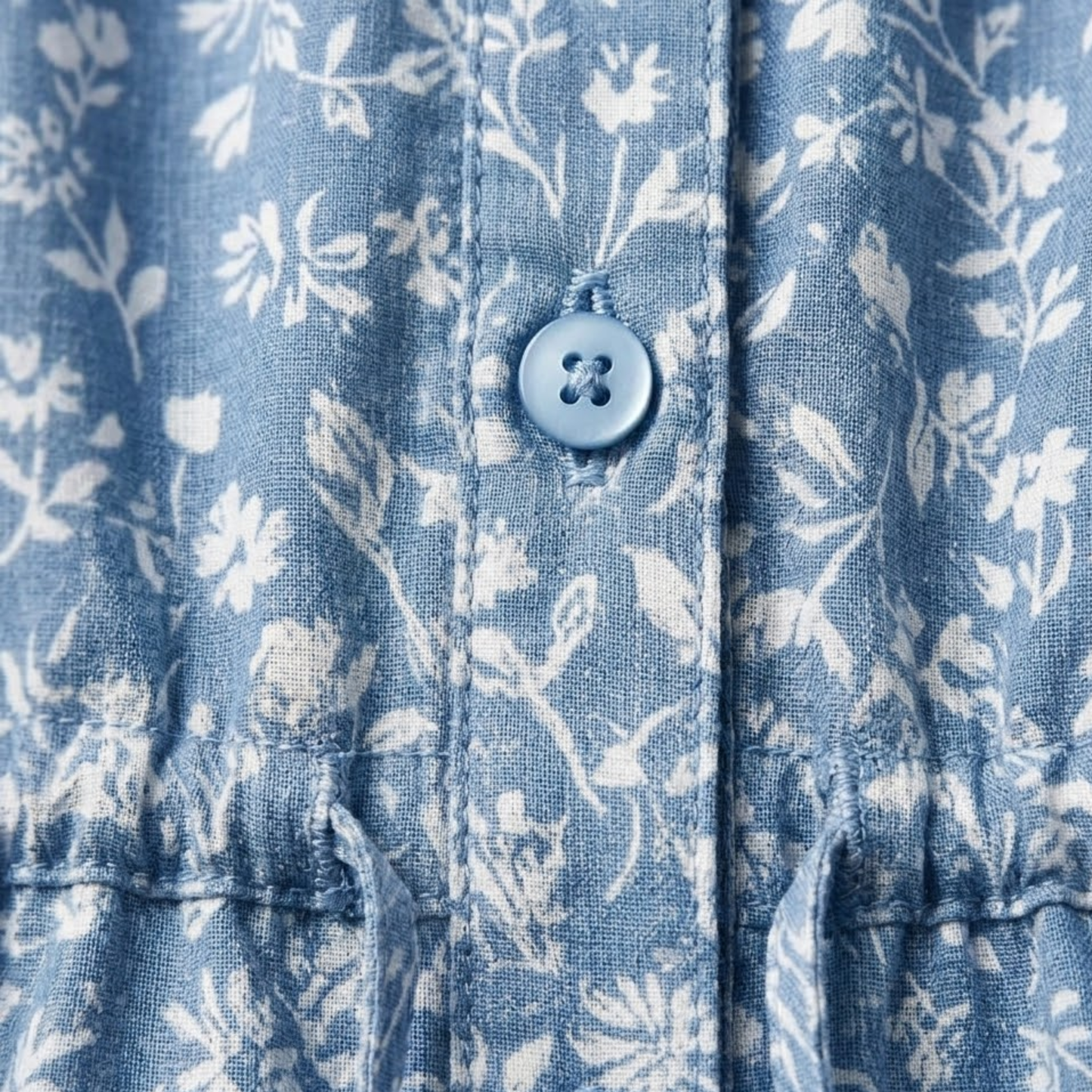 Robe Longue en Coton Fleurie à Col V avec Boutons Frontaux