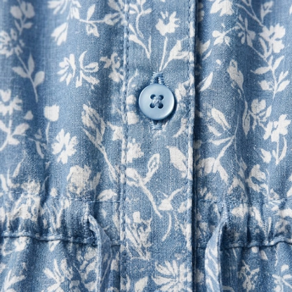 Robe Longue en Coton Fleurie à Col V avec Boutons Frontaux