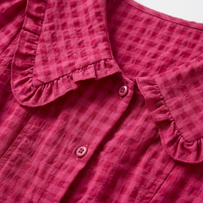 Robe Longue à Carreaux avec Col Claudine et Manches Bouffantes
