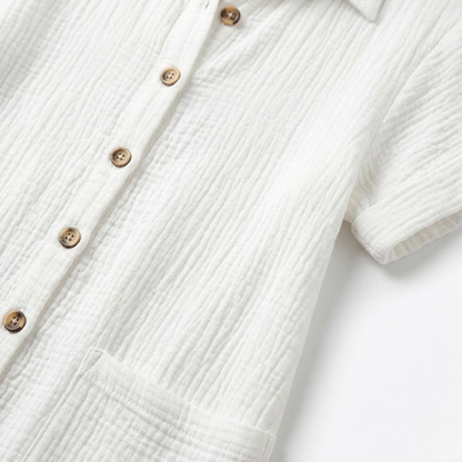 Robe Courte en Coton et Lin avec Col en V et Manches Trois-Quarts