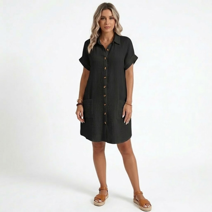 Robe Courte en Coton et Lin avec Col en V et Manches Trois-Quarts