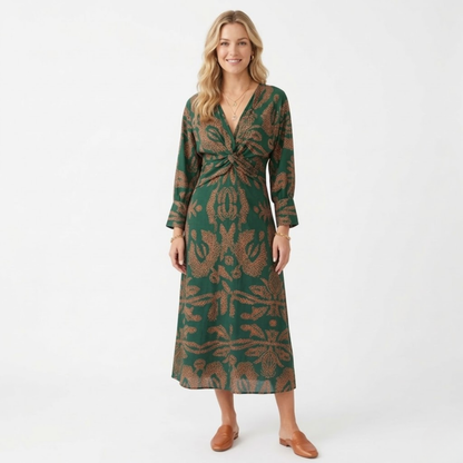 Robe Midi à Manches Longues avec Noeud Frontal et Imprimé