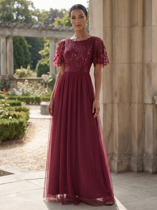 ever SAPHIR|Women's A-Line Short Sleeve Embroidery Floor Length Wedding Guest Dresses