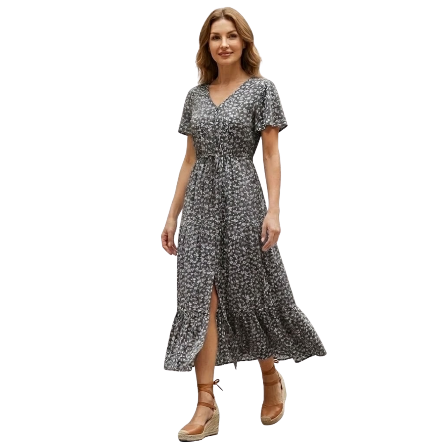 Robe Longue en Coton Fleurie à Col V avec Boutons Frontaux