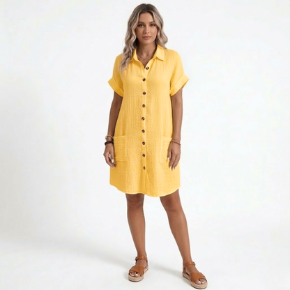 Robe Courte en Coton et Lin avec Col en V et Manches Trois-Quarts