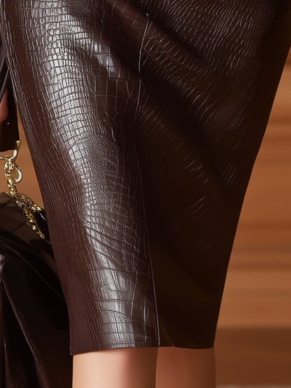 Luxury Fashion Crocodile Pattern Mocha Brown Faux Leather Skirt 