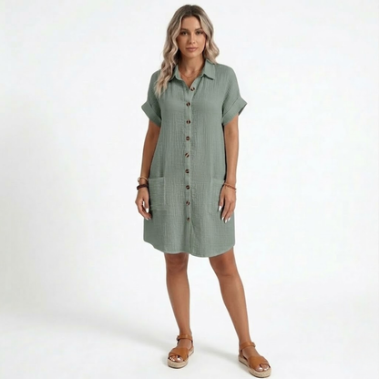 Robe Courte en Coton et Lin avec Col en V et Manches Trois-Quarts