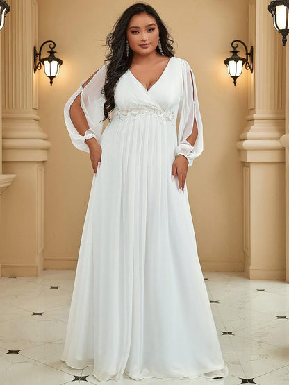 ever AMOUR|Lantern Long Slit Sleeve Deep V Applique Maxi Evening Dress