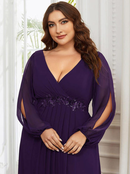 ever AMOUR|Lantern Long Slit Sleeve Deep V Applique Maxi Evening Dress