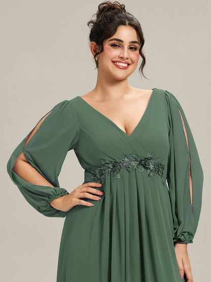 ever AMOUR|Lantern Long Slit Sleeve Deep V Applique Maxi Evening Dress