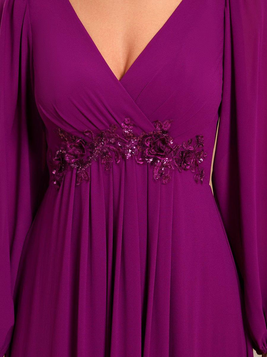 ever AMOUR|Lantern Long Slit Sleeve Deep V Applique Maxi Evening Dress