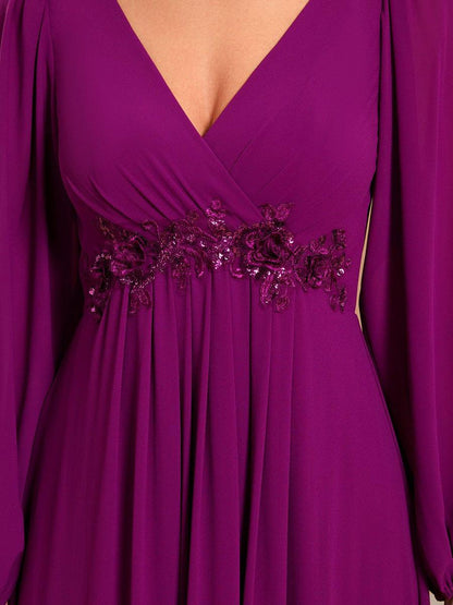 ever AMOUR|Lantern Long Slit Sleeve Deep V Applique Maxi Evening Dress