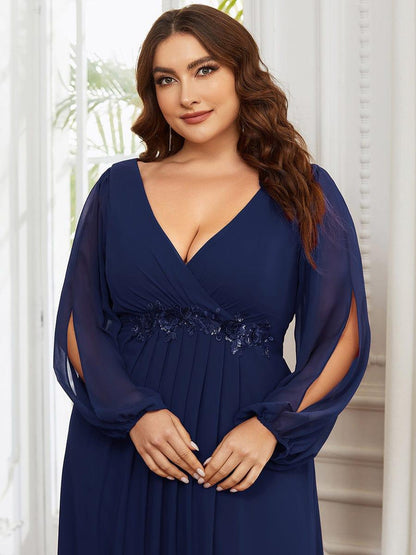 ever AMOUR|Lantern Long Slit Sleeve Deep V Applique Maxi Evening Dress