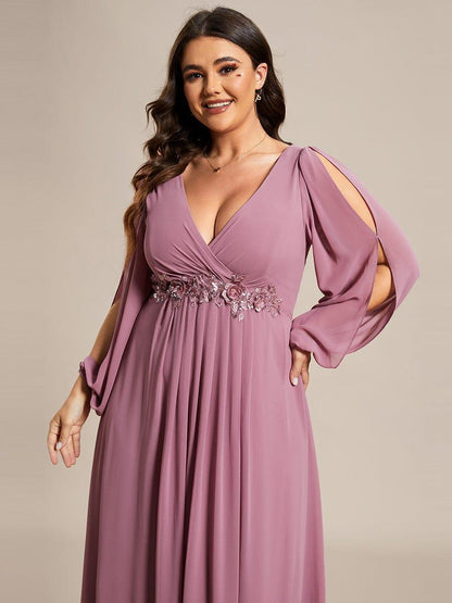 ever AMOUR|Lantern Long Slit Sleeve Deep V Applique Maxi Evening Dress