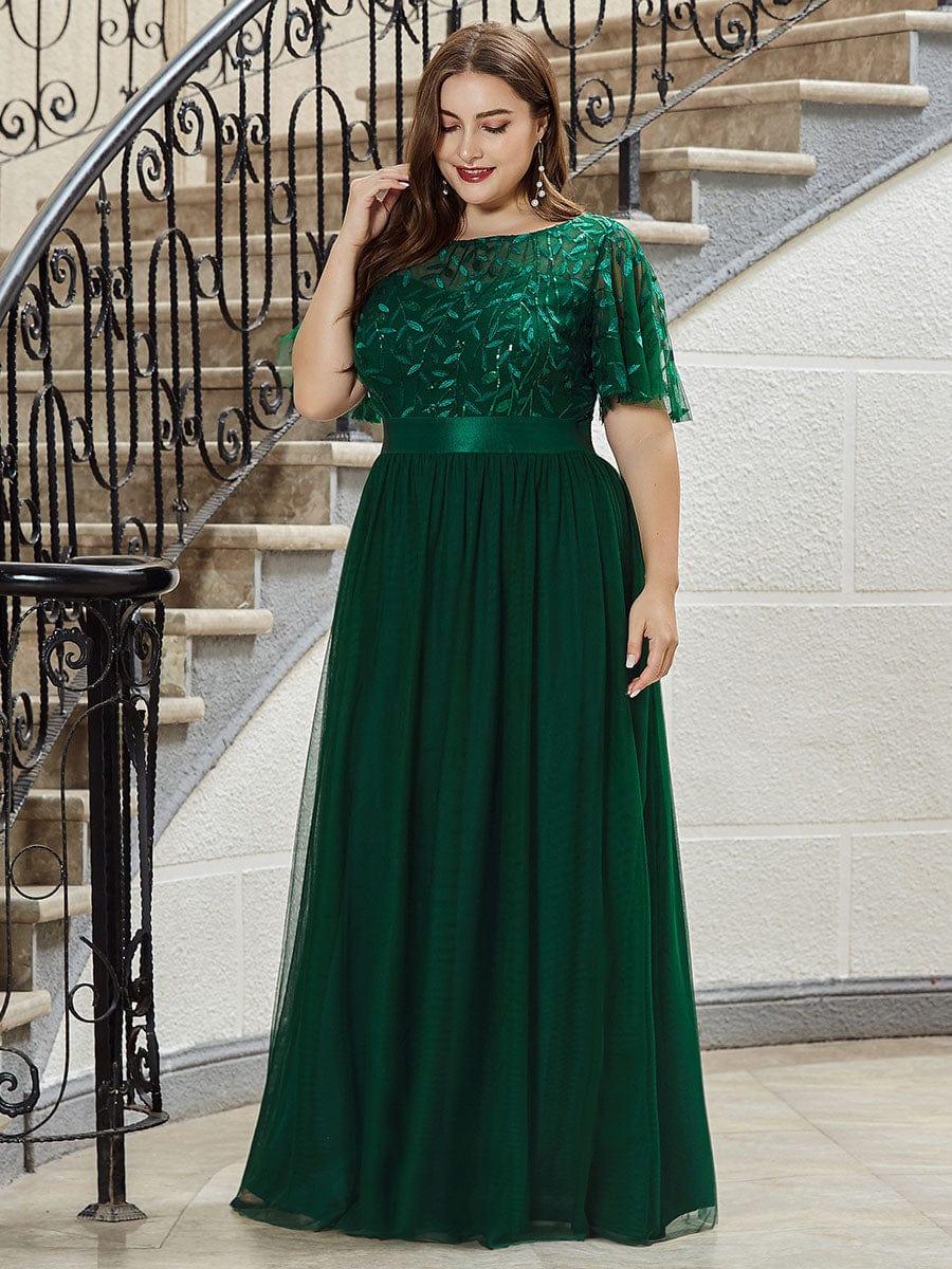 Robe longue de cérémonie à manches courtes avec broderie