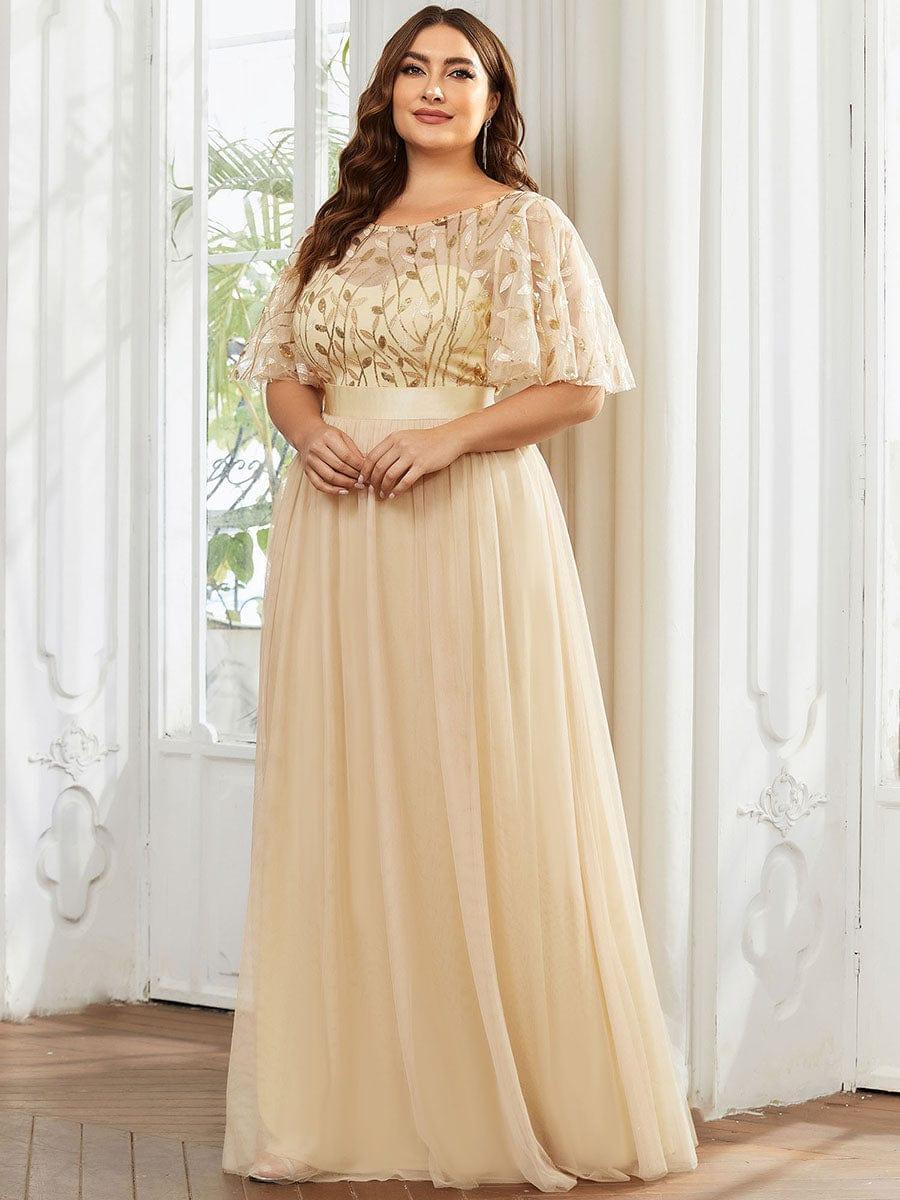 Robe longue de cérémonie à manches courtes avec broderie