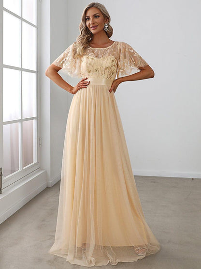 ever SAPHIR|Women's A-Line Short Sleeve Embroidery Floor Length Wedding Guest Dresses