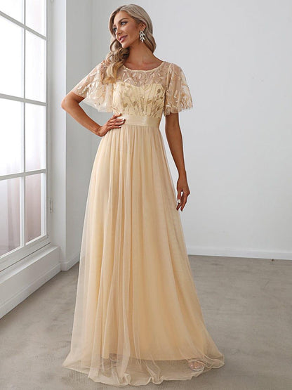 ever SAPHIR|Women's A-Line Short Sleeve Embroidery Floor Length Wedding Guest Dresses