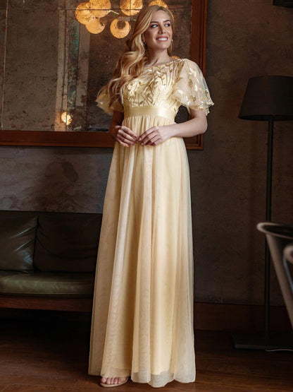 ever SAPHIR|Women's A-Line Short Sleeve Embroidery Floor Length Wedding Guest Dresses