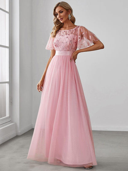 ever SAPHIR|Women's A-Line Short Sleeve Embroidery Floor Length Wedding Guest Dresses