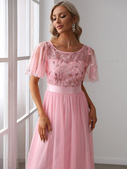ever SAPHIR|Women's A-Line Short Sleeve Embroidery Floor Length Wedding Guest Dresses