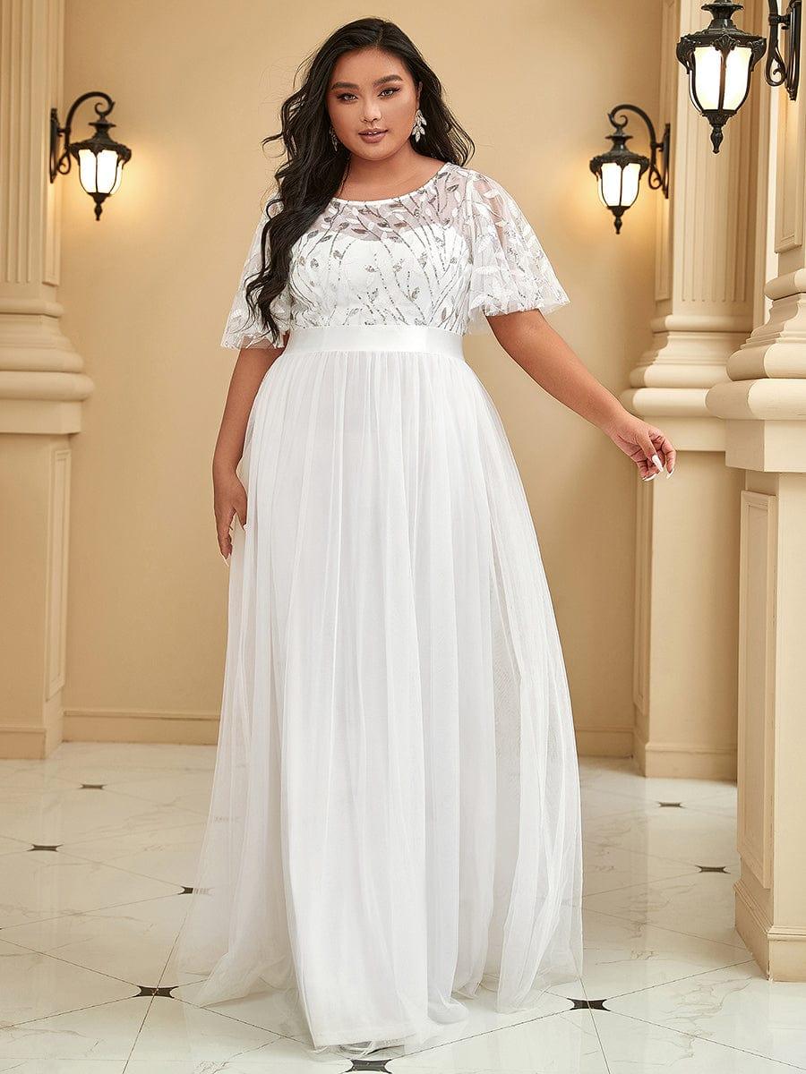 Robe longue de cérémonie à manches courtes avec broderie