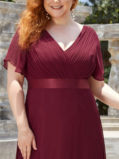 ever MONICA|Long Empire Waist Bridesmaid Dress with Short Flutter Sleeves