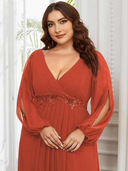 ever AMOUR|Lantern Long Slit Sleeve Deep V Applique Maxi Evening Dress
