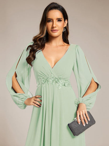 ever AMOUR|Lantern Long Slit Sleeve Deep V Applique Maxi Evening Dress