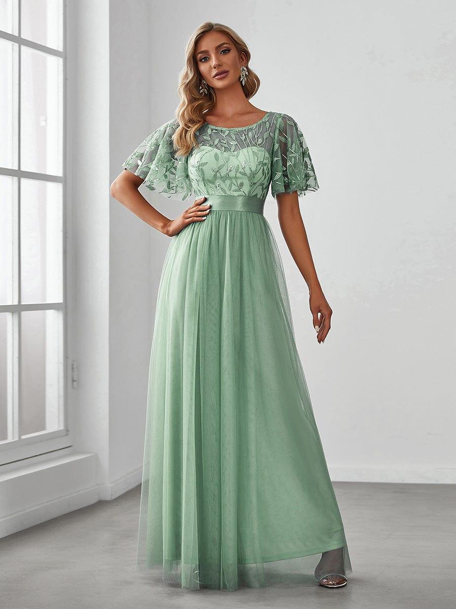 Robe longue de cérémonie à manches courtes avec broderie