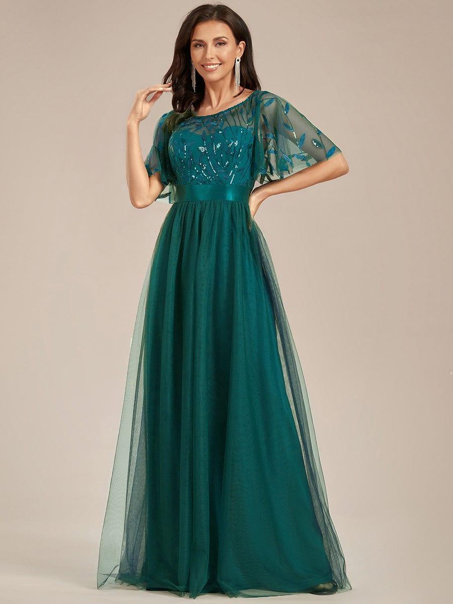 Robe longue de cérémonie à manches courtes avec broderie