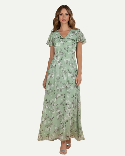 Isaline | Robe Longue Fleurie à Manches Volantées